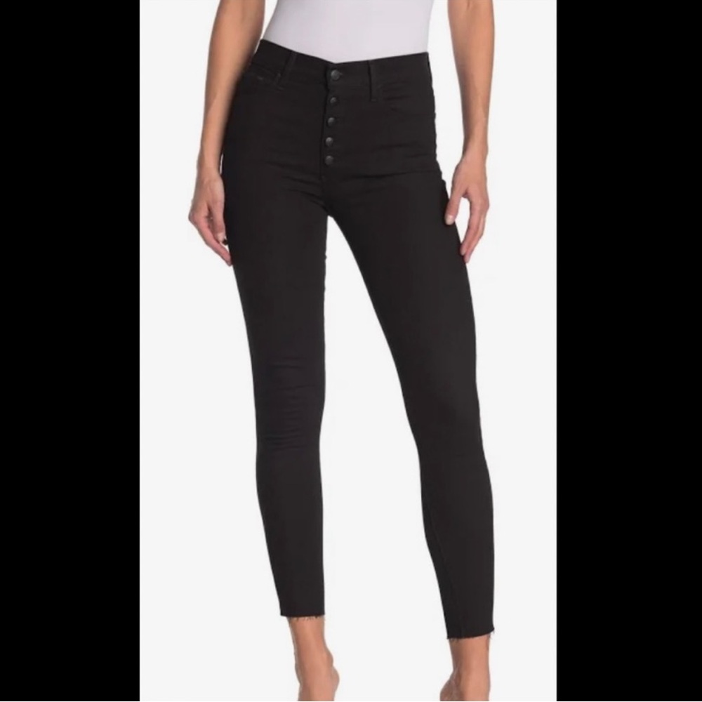 Joe's Jeans High Rise Skinny Ankle 25 Bassie Black Denim Button Fly Raw Hem